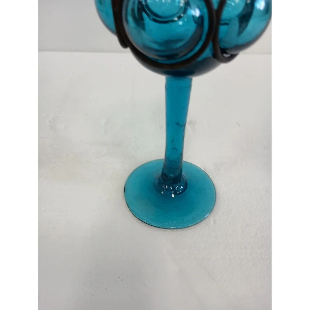 Vintage Hand Blown Glass Goblet Candle Holder Blue Wrought Iron Cage 9in